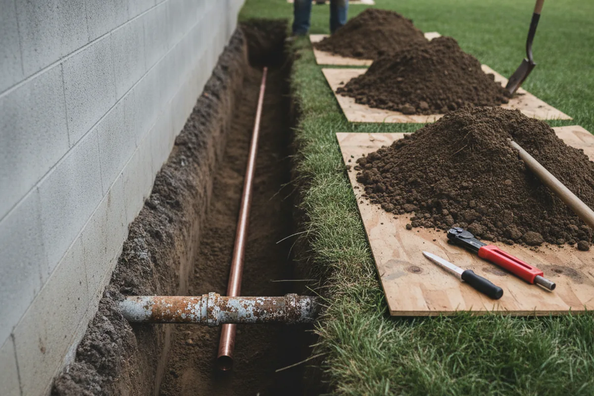 Excavated water line trench during Water Heater Repair in Grants